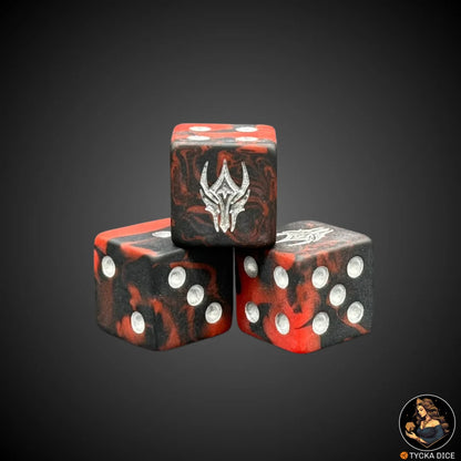 Matte dark red and black resin die with golden helm engraving – The Dark King (single)