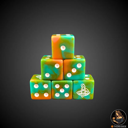 The Fellowship dice – forest-themed collectible dice set with white engravings