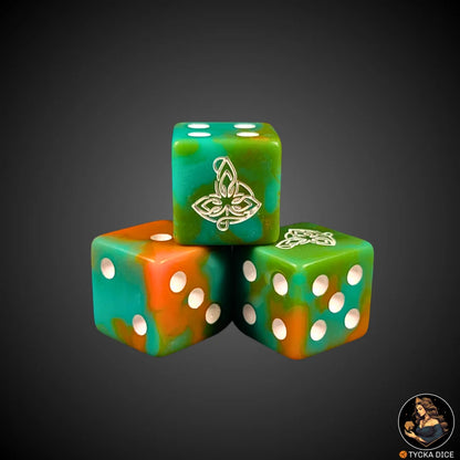 Marbled green and brown resin die with white leaf engraving – The Fellowship