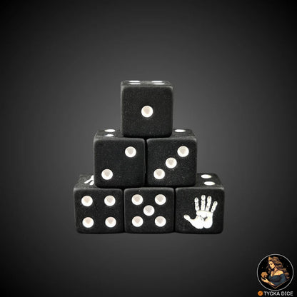 The Hand dice – collectible matte black and white power-themed set