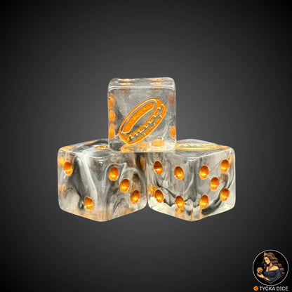 Translucent resin die with black and white smoke and gold engravings – The One