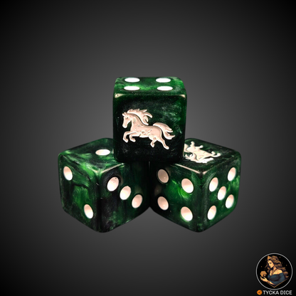 Pearlescent green resin die with white horse engraving – The Riders (single)