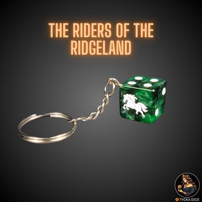 Keychain – green marble die with white galloping horse crest – fantasy theme
