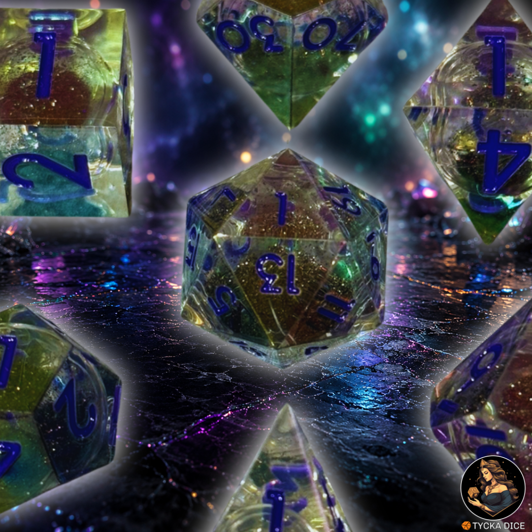Liquid Core Dice - Thistle Shimmer RPG Dice Set - Detail | TYCKA DICE